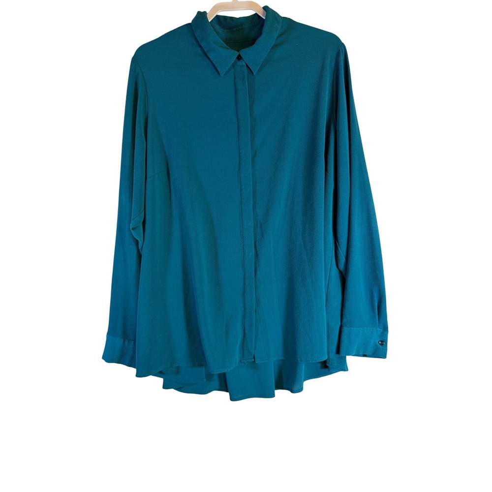 Investments II Womens 2X Teal Button Up Blouse Long Sleeve Pleated Back Top
